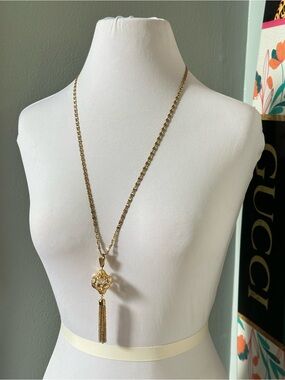 Vintage Gold Long Tassel Faceted Crystal Pendant Necklace Grandmacore Mod Wife